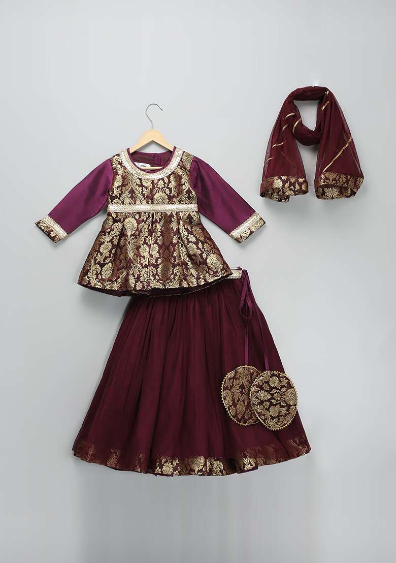 Purple Embroidered Brocode Lehngas For Girls - Indya
