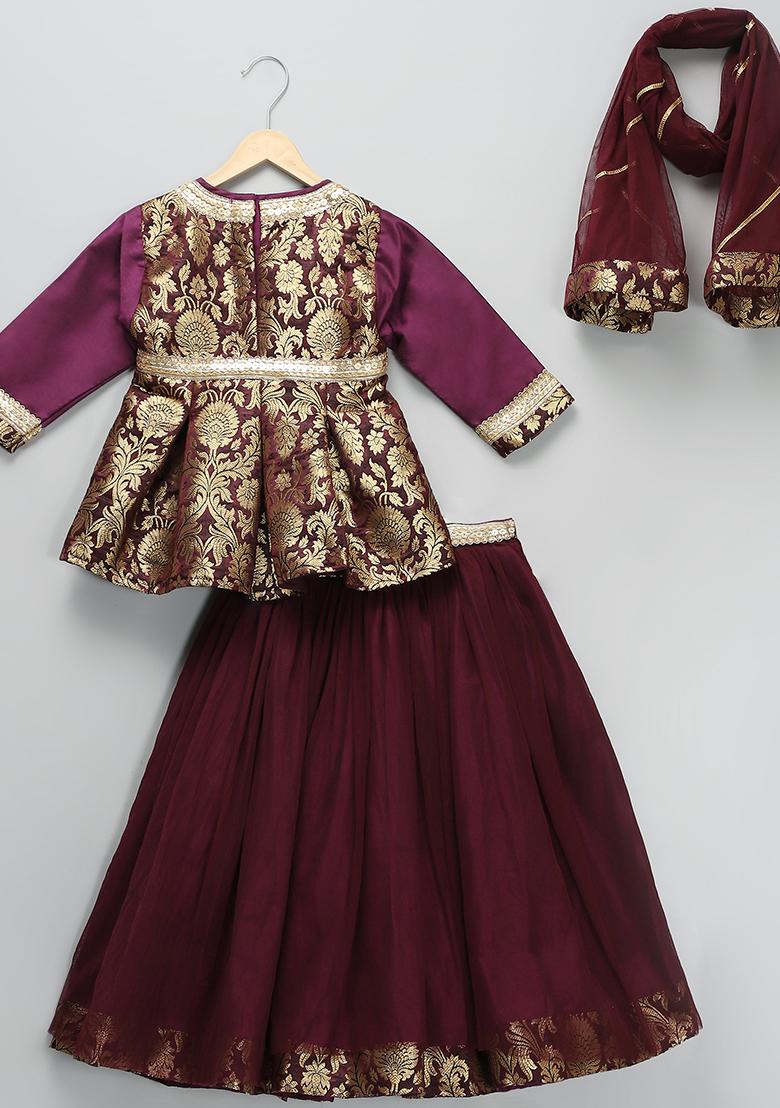 Purple Embroidered Brocode Lehngas For Girls