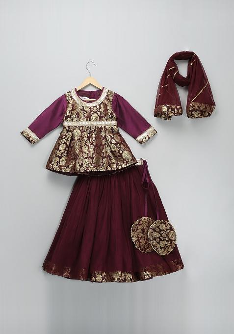 Purple Embroidered Brocode Lehngas For Girls
