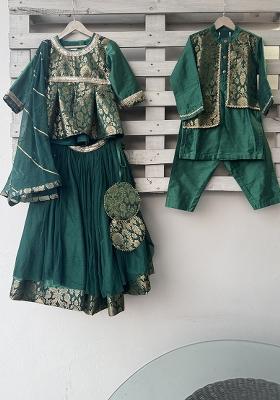 Green Embroidered Brocode Lehngas For Girls