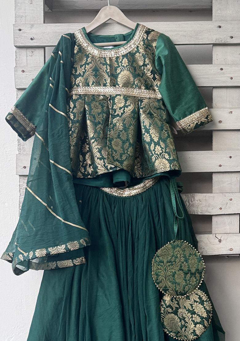 Green Embroidered Brocode Lehngas For Girls