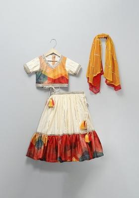 Off White Embroidered Net Lehngas For Girls