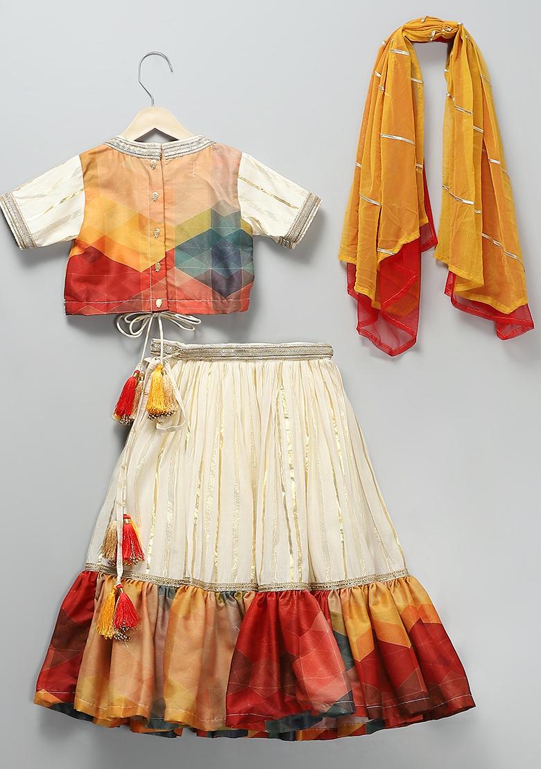 Off White Embroidered Net Lehngas For Girls