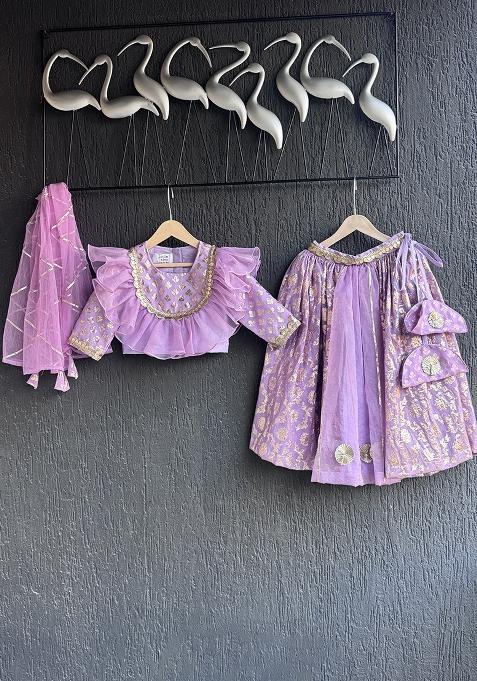 Lavendar Embroidered Organza Lehngas For Girls