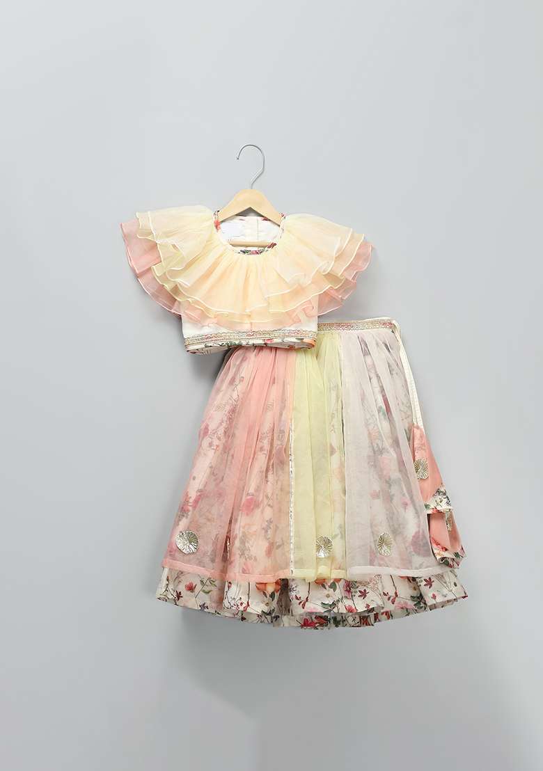 Off White Embroidered Organza Lehngas For Girls - Indya