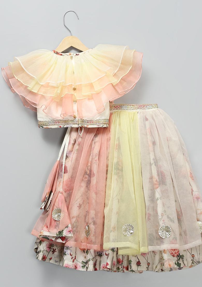 Off White Embroidered Organza Lehngas For Girls