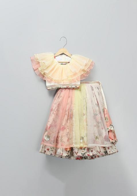 Off White Embroidered Organza Lehngas For Girls