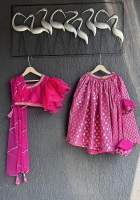 Fusia Pink Embroidered Organza Lehngas For Girls