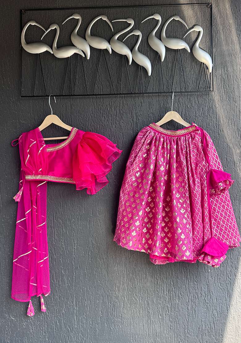 Fusia Pink Embroidered Organza Lehngas For Girls - Indya