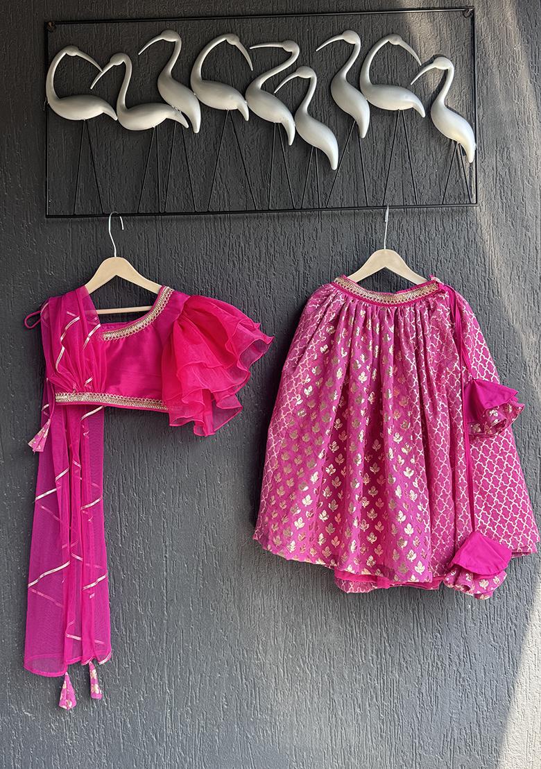 Fusia Pink Embroidered Organza Lehngas For Girls