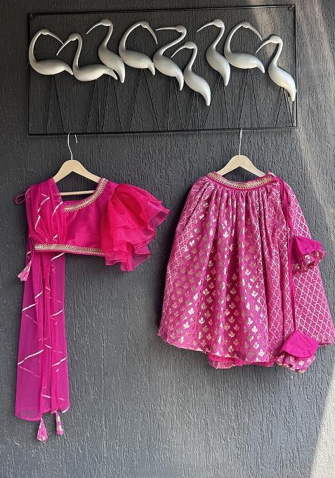 Fusia Pink Embroidered Organza Lehngas For Girls
