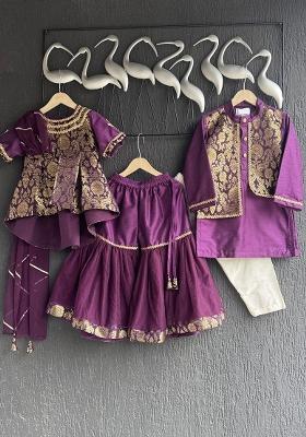 Dark Purple Embroidered Brocode Lehngas For Girls