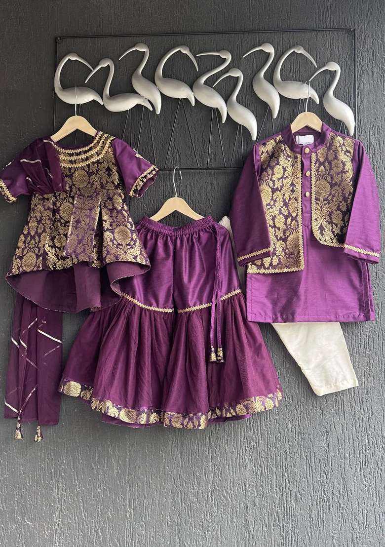 Dark Purple Embroidered Brocode Lehngas For Girls - Indya