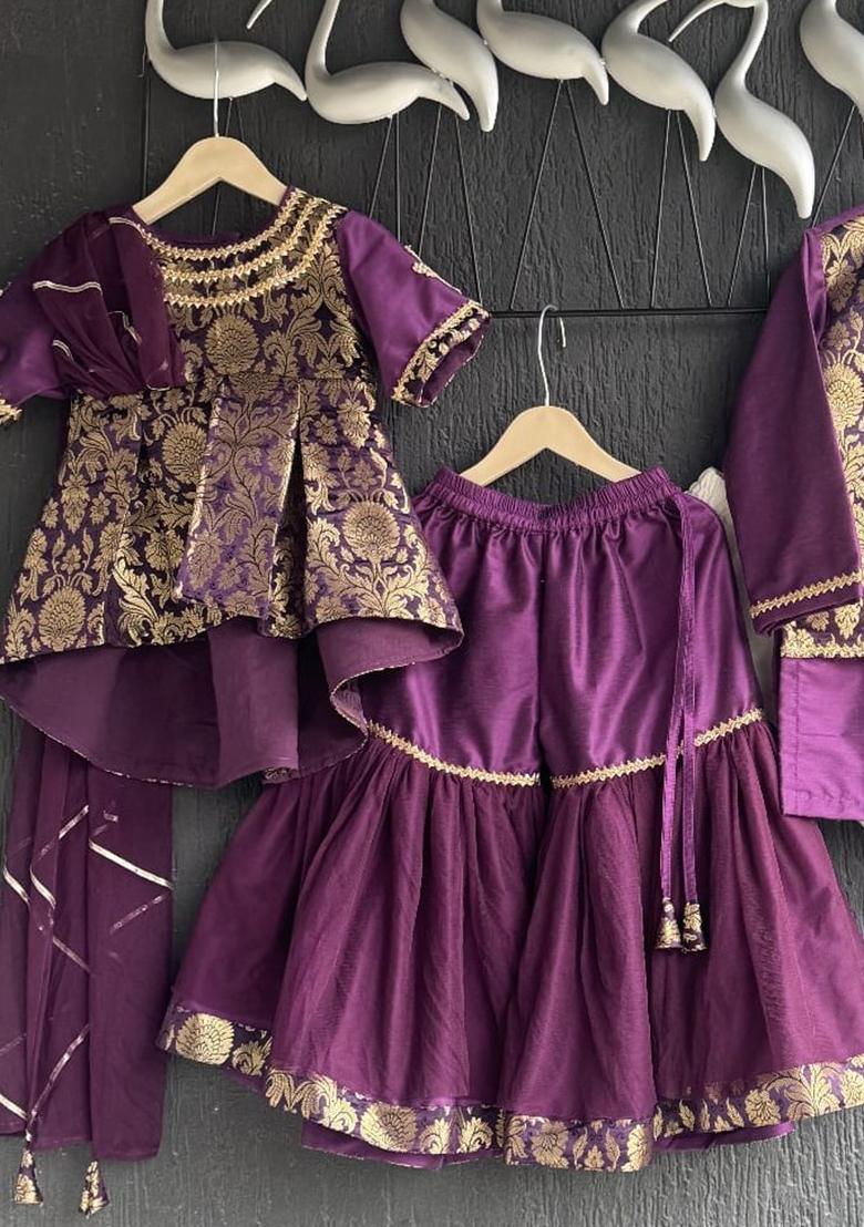 Dark Purple Embroidered Brocode Lehngas For Girls