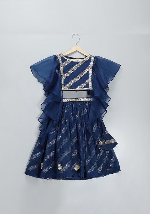 Blue Embroidered Organza Lehngas For Girls