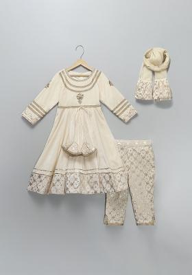 Off White Embroidered Velvet Lehngas For Girls