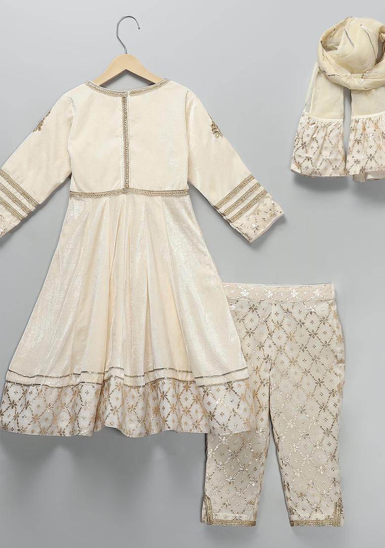Off White Embroidered Velvet Lehngas For Girls