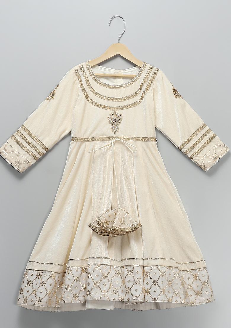 Off White Embroidered Velvet Lehngas For Girls