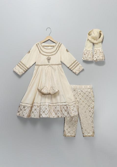 Off White Embroidered Velvet Lehngas For Girls