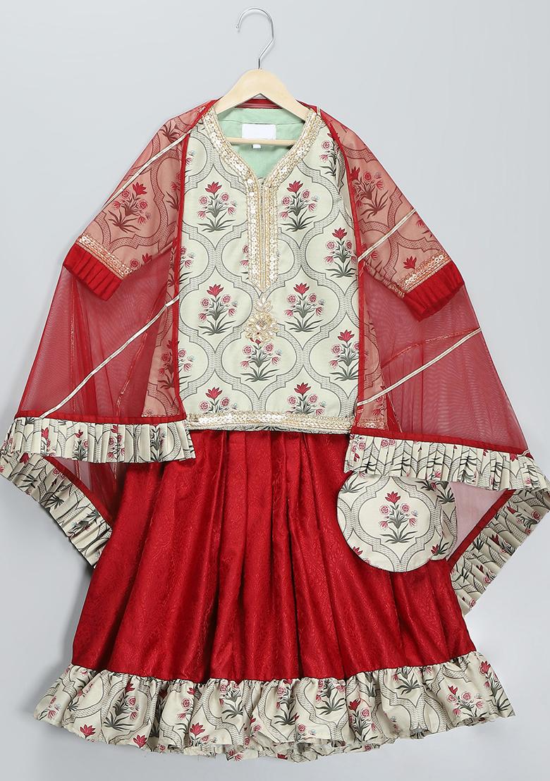 Maroon Embroidered Net Lehngas For Girls