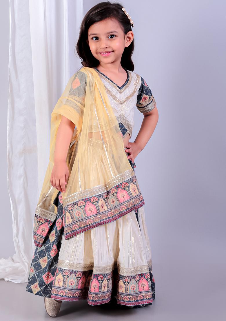 Off White Printed Net Lehngas For Girls