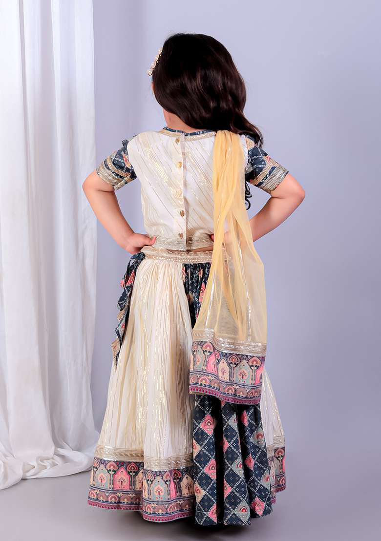 Off White Printed Net Lehngas For Girls - Indya