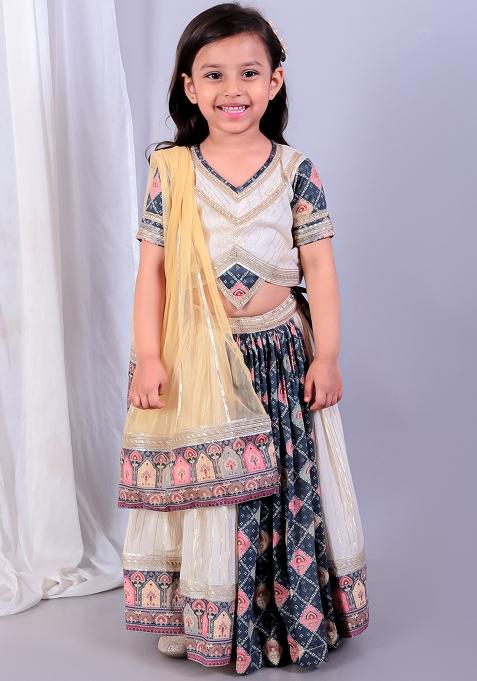 Off White Printed Net Lehngas For Girls