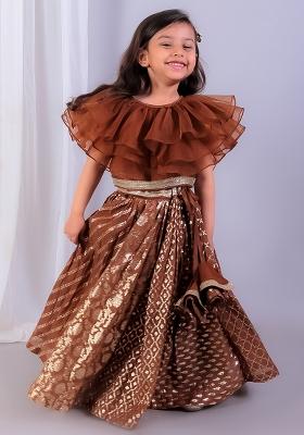 Brown Embroidered Organza Lehngas For Girls