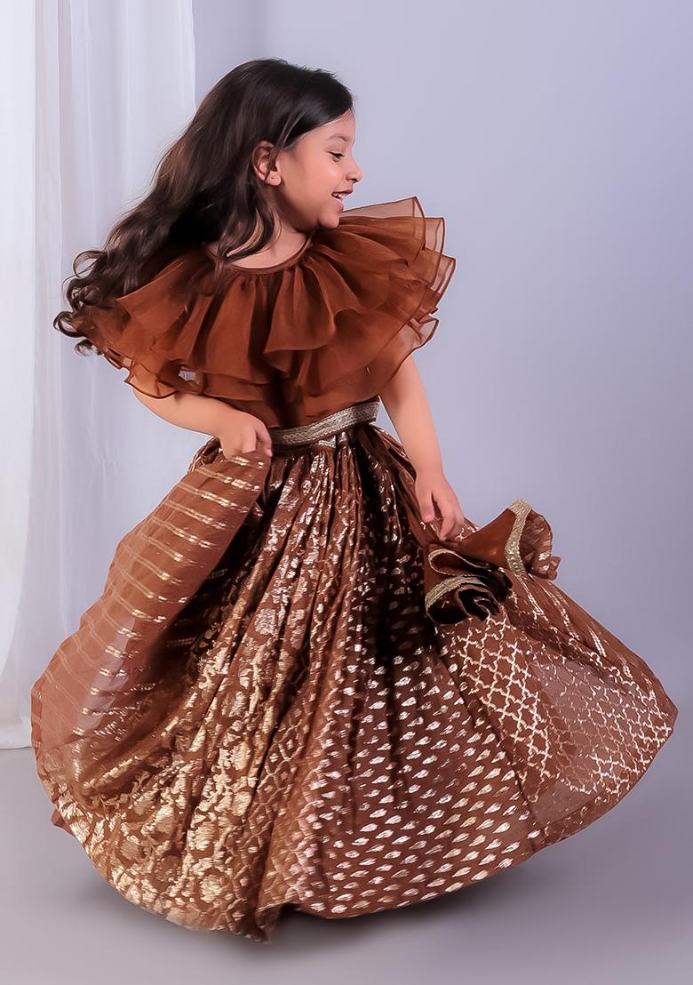 Brown Embroidered Organza Lehngas For Girls
