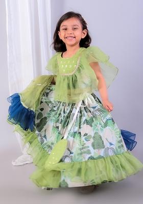 Green Embroidered Organza Lehngas For Girls