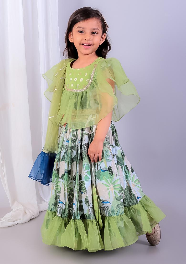 Green Embroidered Organza Lehngas For Girls