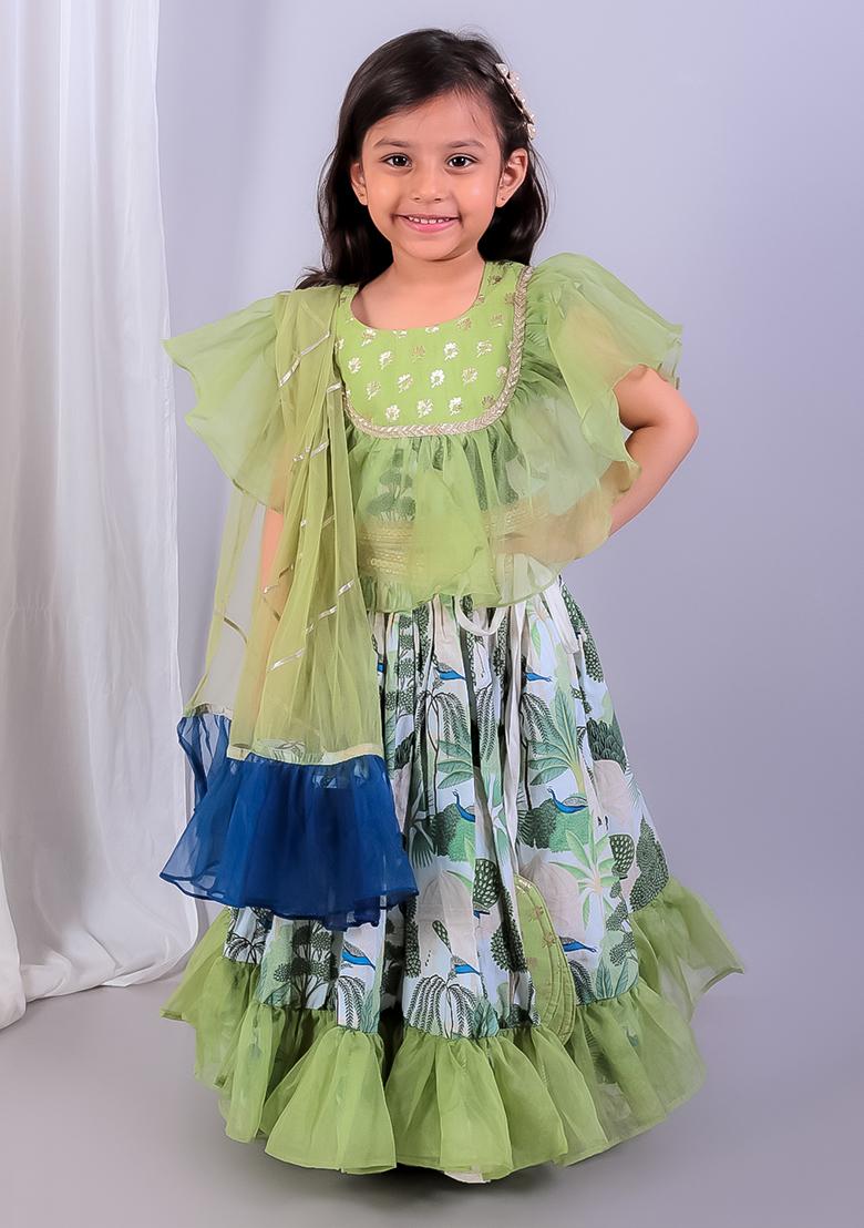 Green Embroidered Organza Lehngas For Girls