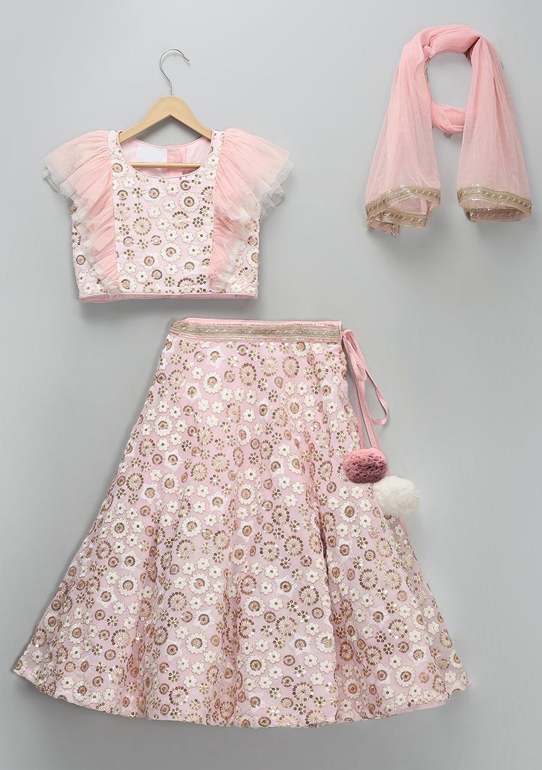 Pink Embroidered Georgette Lehngas For Girls