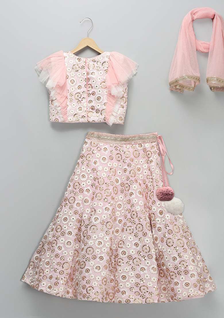 Pink Embroidered Georgette Lehngas For Girls - Indya