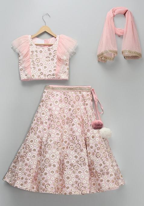 Pink Embroidered Georgette Lehngas For Girls