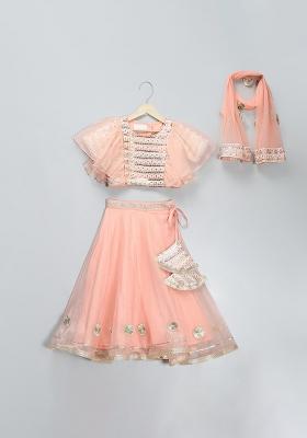 Peach Embroidered Georgette Lehngas For Girls