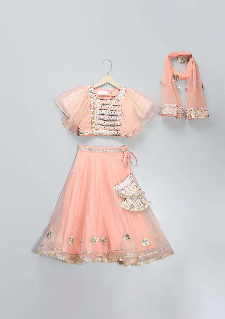 Peach Embroidered Georgette Lehngas For Girls - Indya
