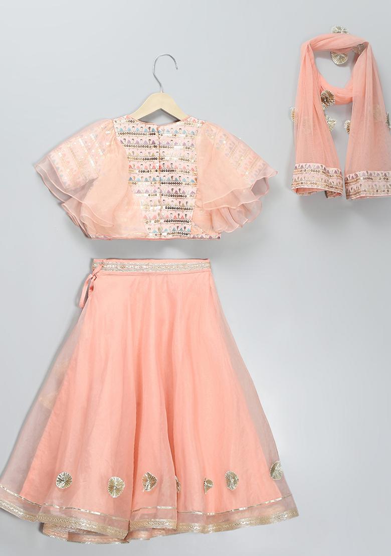 Peach Embroidered Georgette Lehngas For Girls