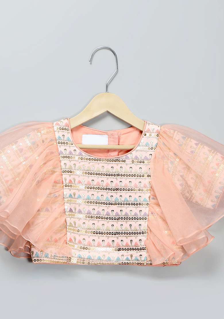 Peach Embroidered Georgette Lehngas For Girls - Indya
