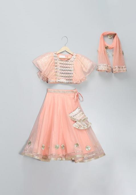 Peach Embroidered Georgette Lehngas For Girls