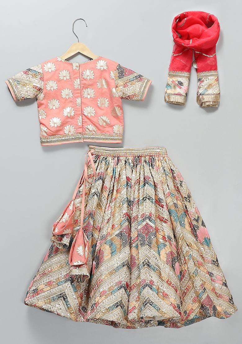 Peach Embroidered Chanderi Lehngas For Girls