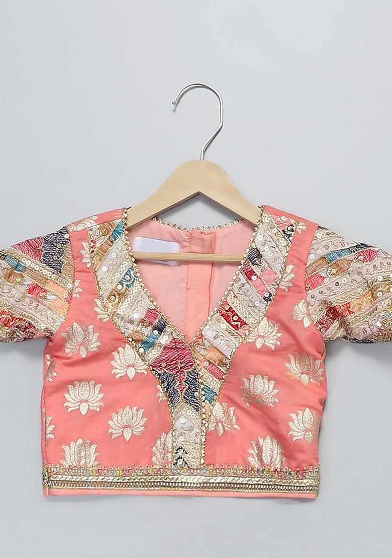 Peach Embroidered Chanderi Lehngas For Girls