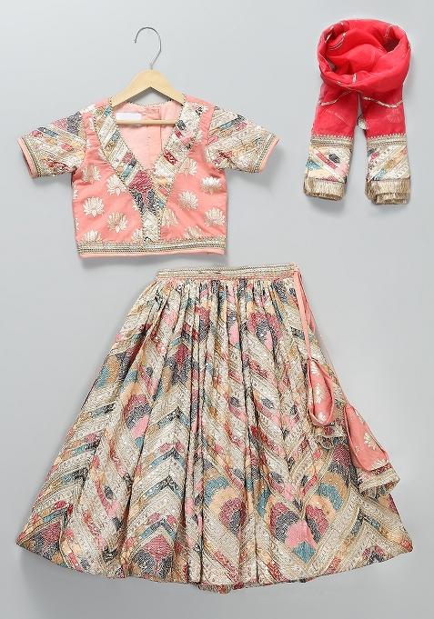 Peach Embroidered Chanderi Lehngas For Girls
