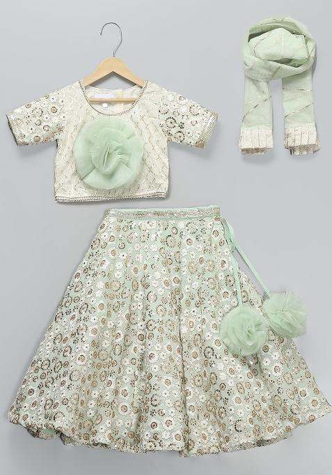 Green Embroidered Georgette Lehngas For Girls