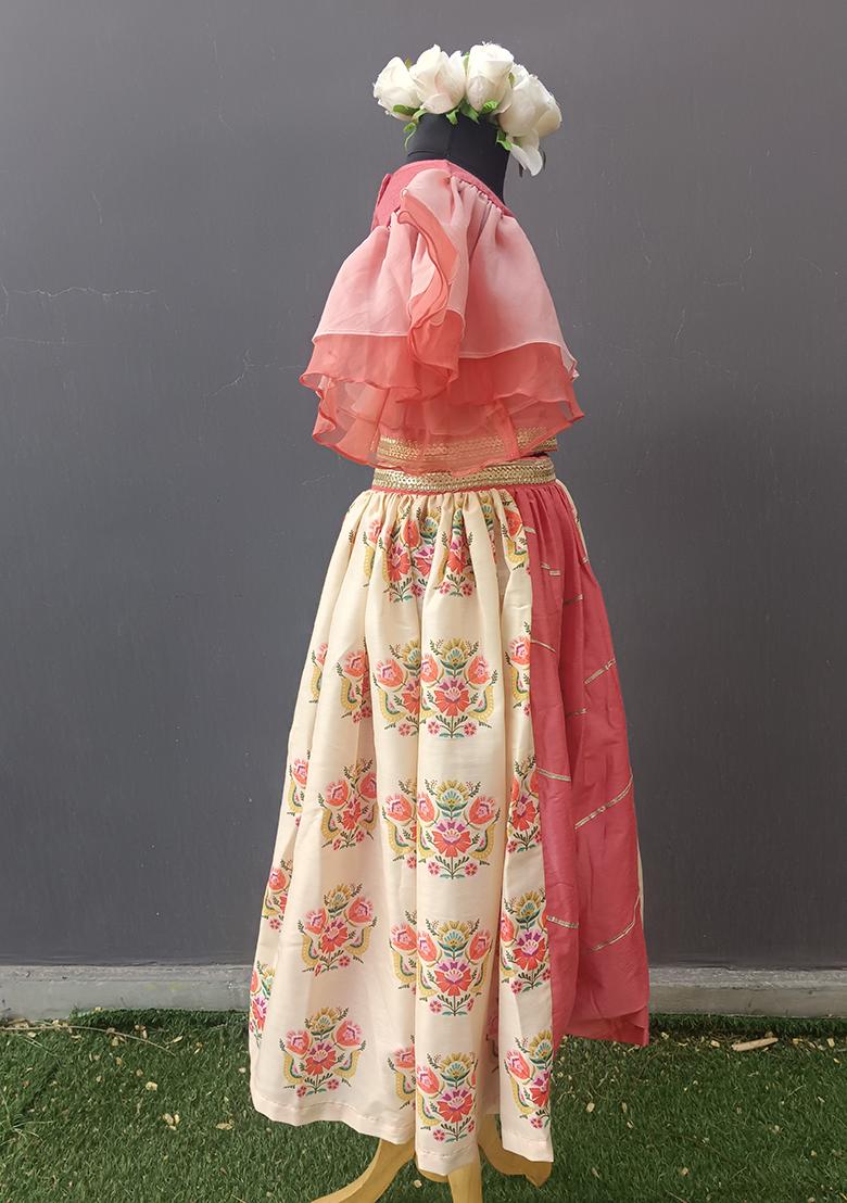 Beige Printed Cotton Lehngas For Girls