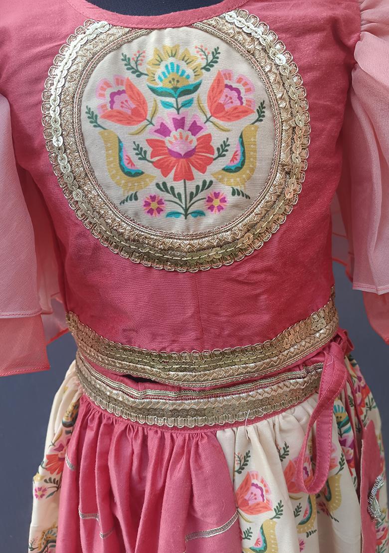 Beige Printed Cotton Lehngas For Girls