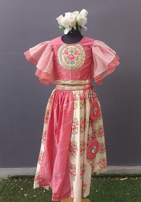 Beige Printed Cotton Lehngas For Girls