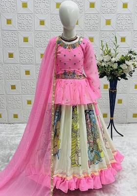 Pink Digital Print With Embroidery Work Georgette Lehenga Choli For Girls
