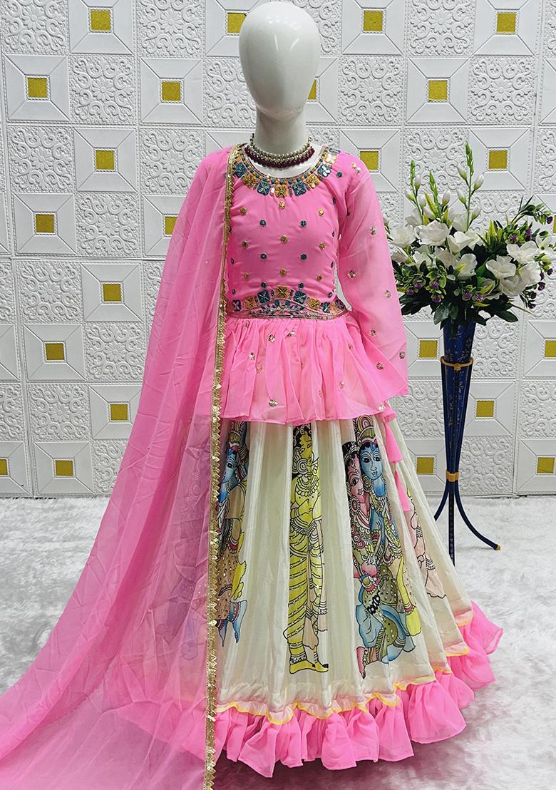 Pink Digital Print With Embroidery Work Georgette Lehenga Choli For Girls