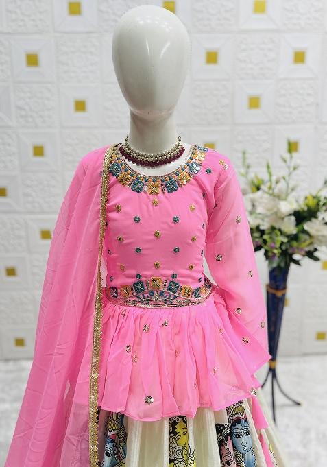 Pink Digital Print With Embroidery Work Georgette Lehenga Choli For Girls